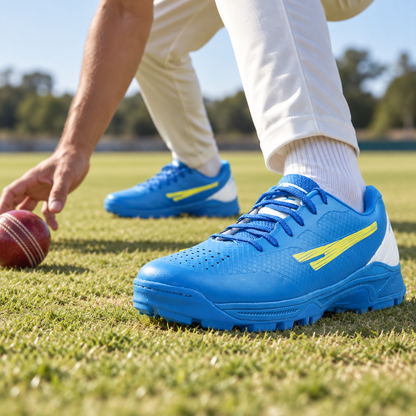 Blue QUIVE Parker R07 cricket shoes worn during a fielding drill