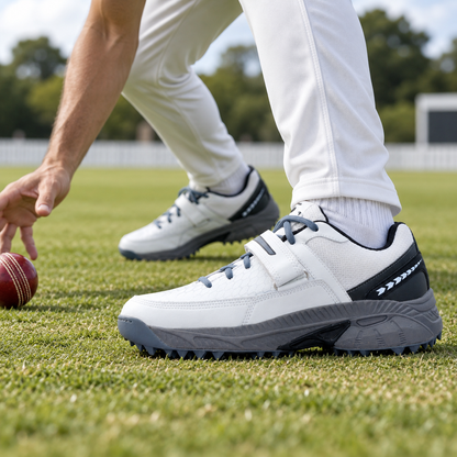White and grey QUIVE Reach moulded cricket shoes worn during a fielding drill