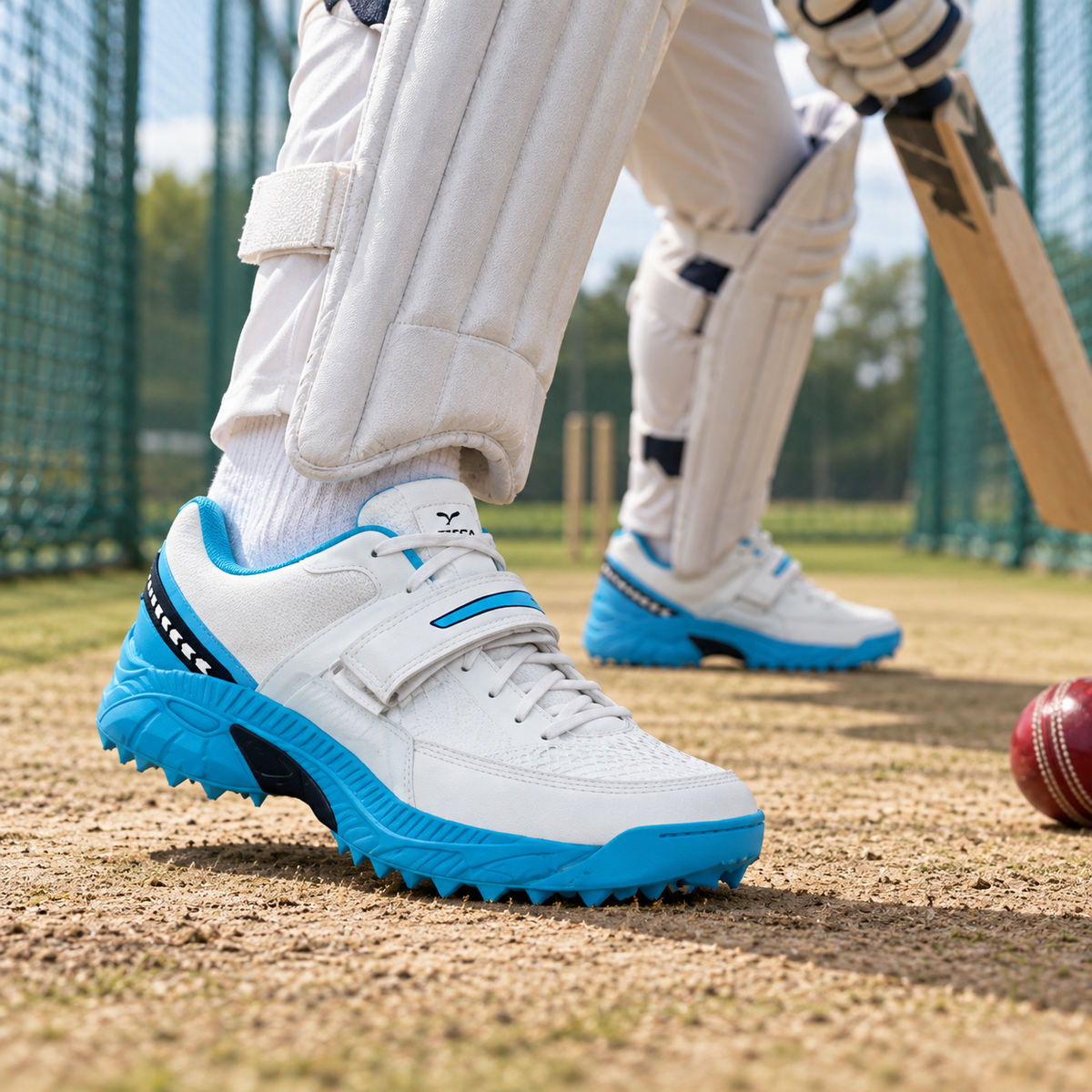 White and blue QUIVE Reach moulded cricket shoes worn during net practice