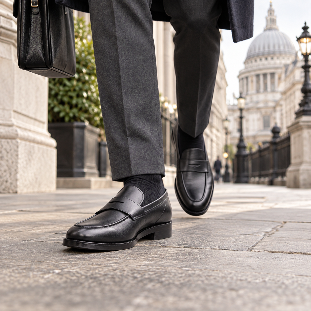 QUIVE Regent black leather penny loafers worn on a City of London pavement