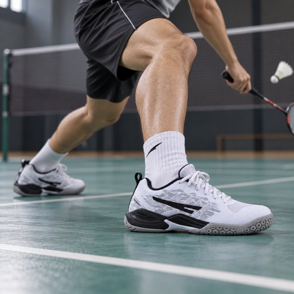 White QUIVE RP24 court shoes worn during an indoor badminton drill