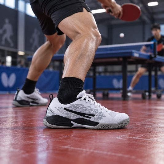 QUIVE RP24 table tennis court shoes worn during a forehand rally