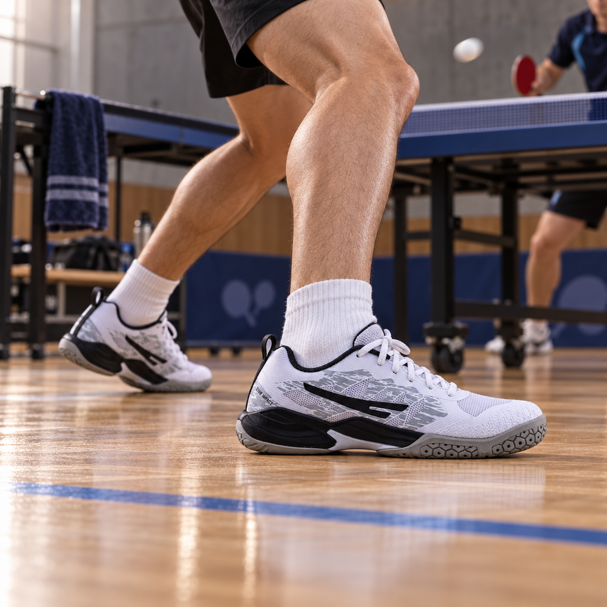QUIVE RP24 table tennis shoes worn during an indoor training drill
