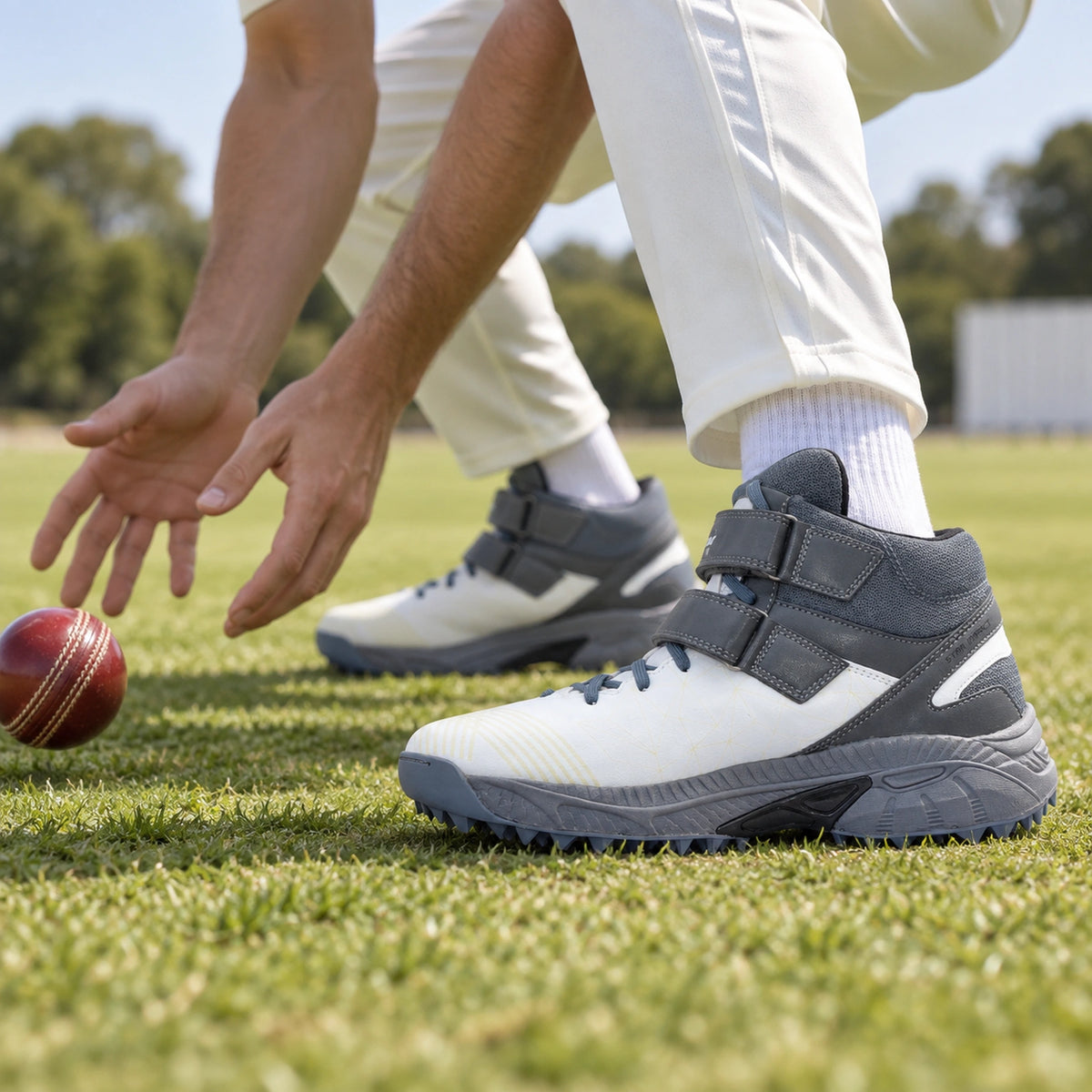 QUIVE Bold B-40 moulded cricket shoes worn during an outfield drill
