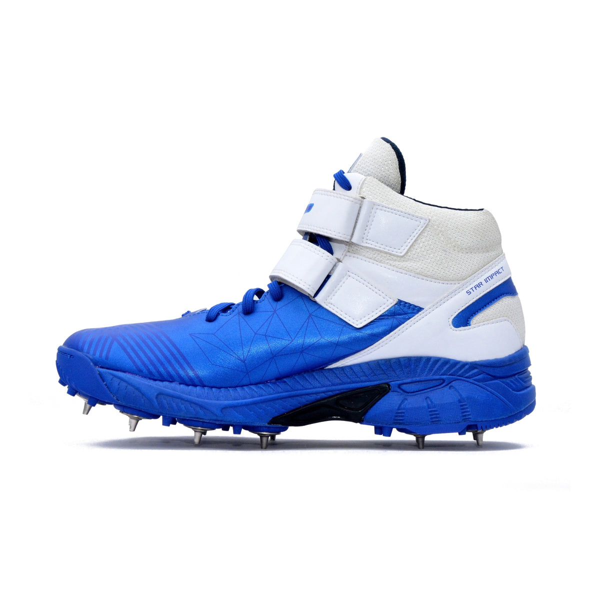 QUIVE SEGA Bold Cricket Shoes – Metal Spikes in white blue – product view 1