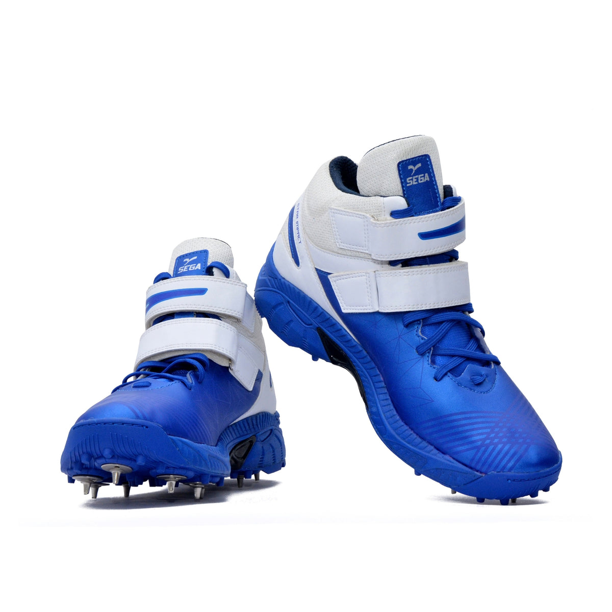 QUIVE SEGA Bold Cricket Shoes – Metal Spikes in white blue – product view 2
