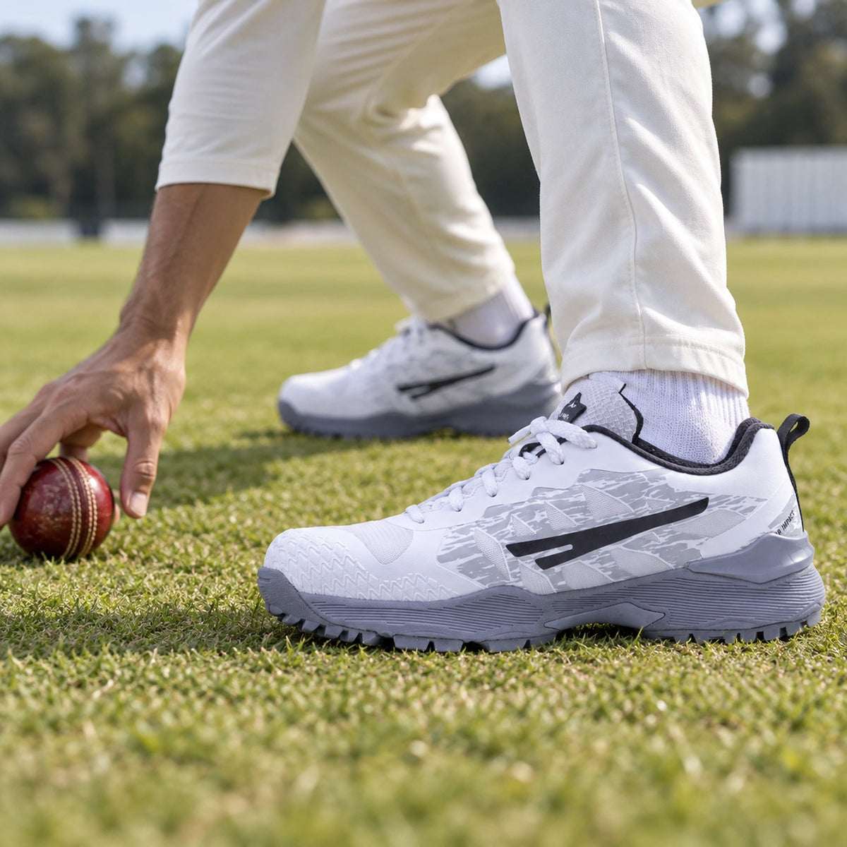 QUIVE FR 2.0 rubber-stud cricket shoes worn during a fielding drill