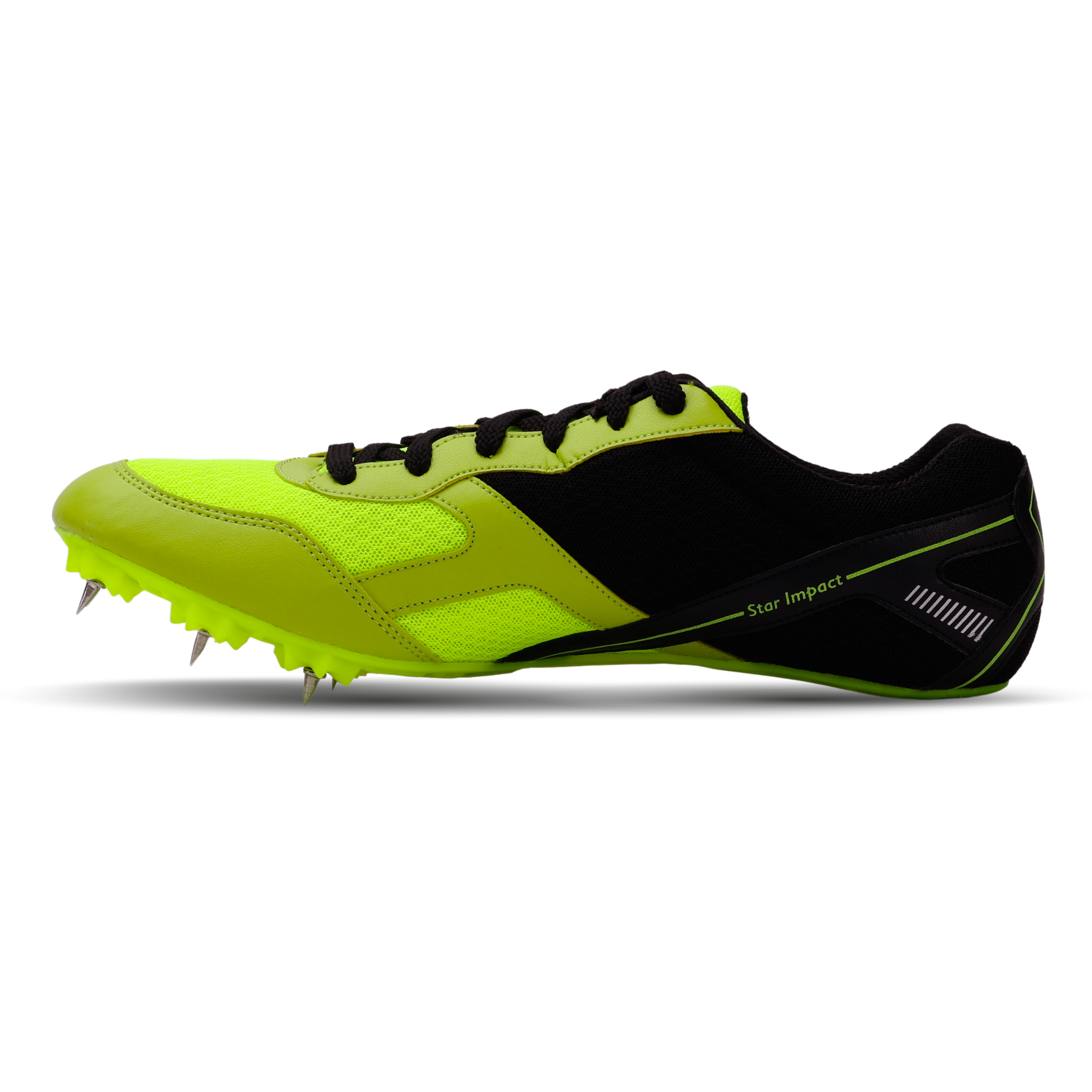 Bright green and black running shoe with cleats on a white background