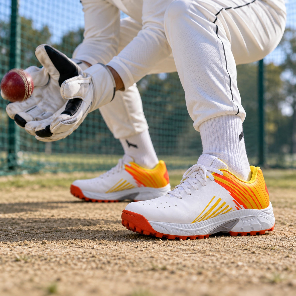 QUIVE SEGA Mid 25 white and orange cricket shoes worn during a wicketkeeping drill