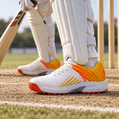 QUIVE SEGA Mid 25 white and orange cricket shoes worn at the batting crease