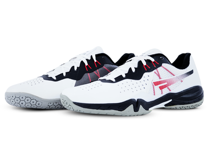 White athletic badminton shoes with black and red accents on a white background