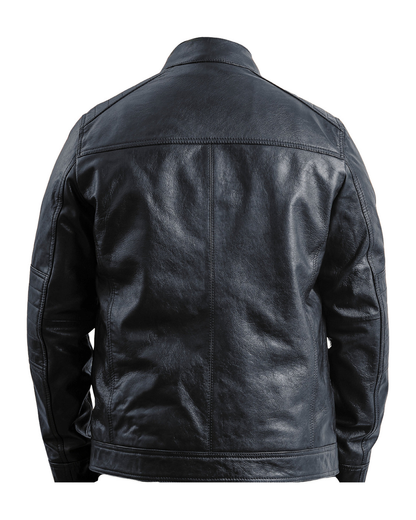 TRAPPER men's black leather jacket, rear studio view