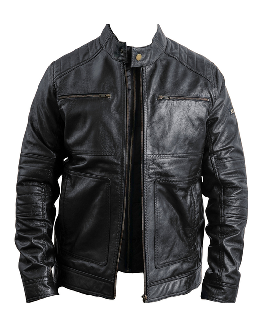 TRAPPER men's black leather jacket, front studio view