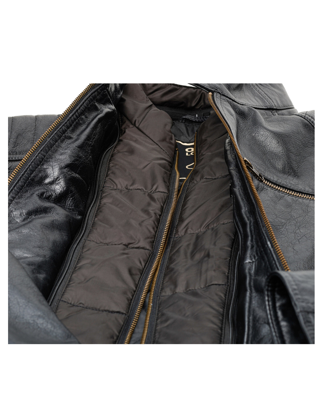 TRAPPER black leather jacket open view with removable quilted liner
