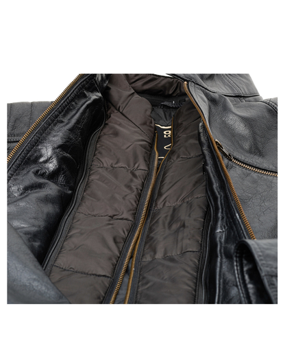 TRAPPER black leather jacket open view with removable quilted liner