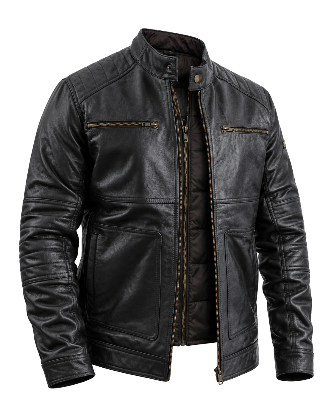 TRAPPER men's black leather jacket, three-quarter studio view