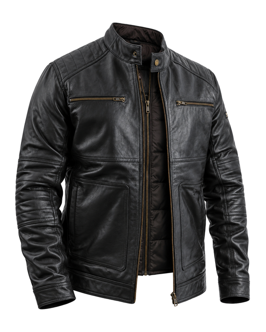 TRAPPER men's black leather jacket, three-quarter studio view