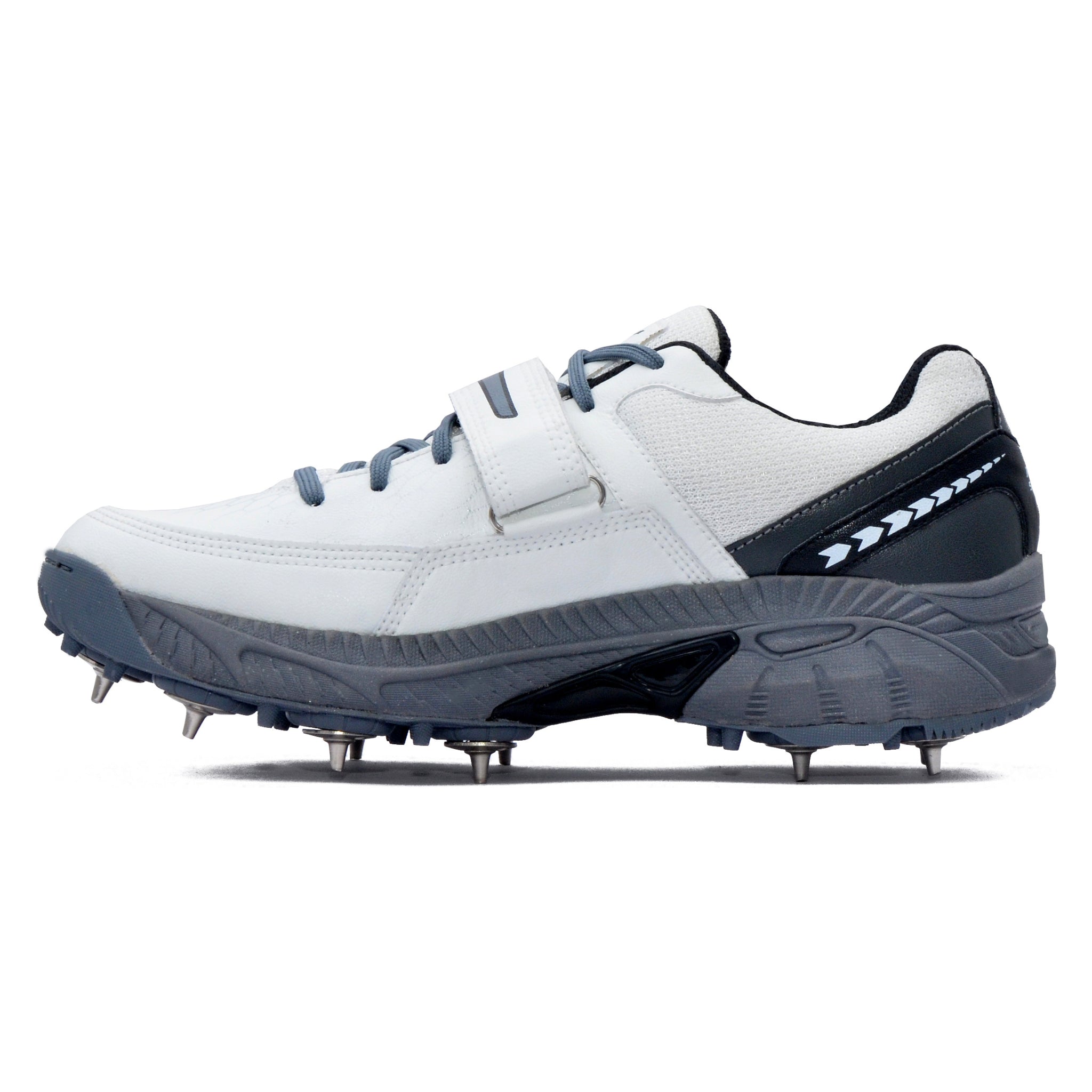 White and gray cricket sports shoes with cleats on a white background