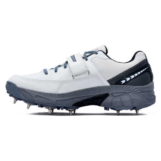 White and gray cricket sports shoes with cleats on a white background