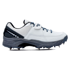 White and gray cricket sports shoes with cleats on a white background