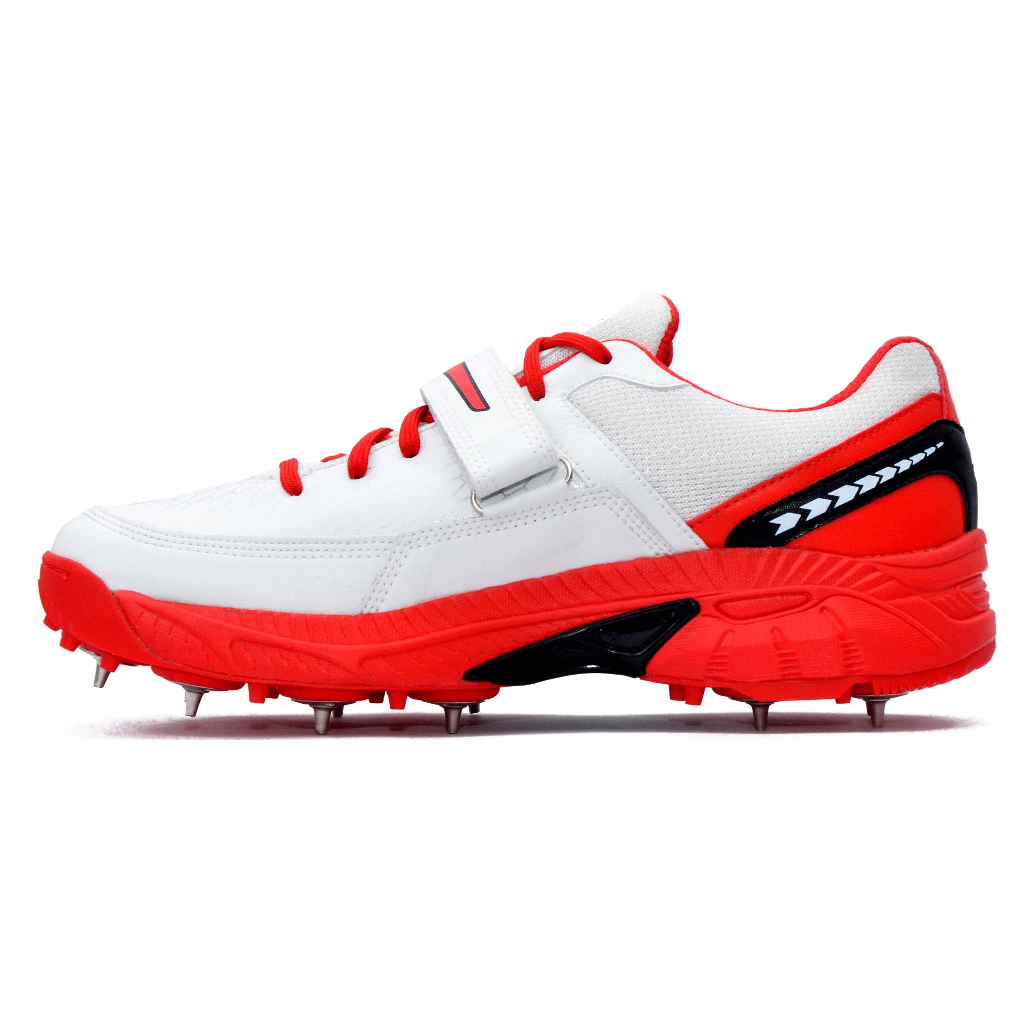 White and Red cricket sports shoes with cleats on a white background