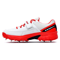 White and Red cricket sports shoes with cleats on a white background