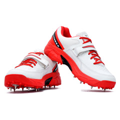 White and Red cricket sports shoes with cleats on a white background