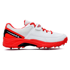 White and Red cricket sports shoes with cleats on a white background