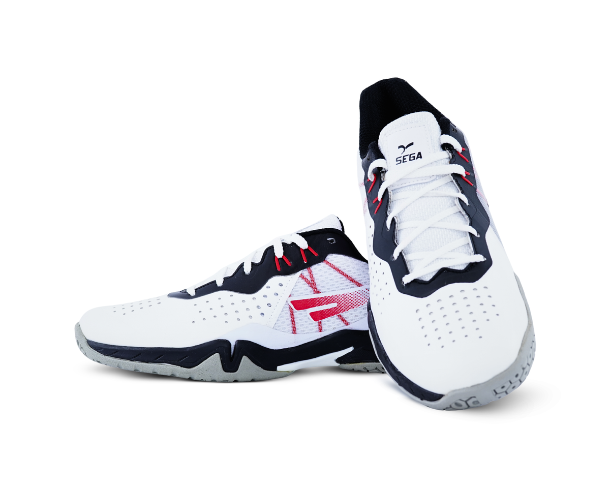 QUIVE SEGA RP24 court shoes, white, black and red pair in a front three-quarter view