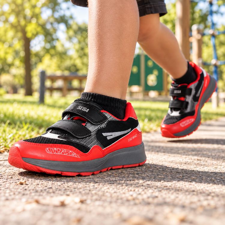 Black and red SEGA Active kids trainers worn during outdoor park play