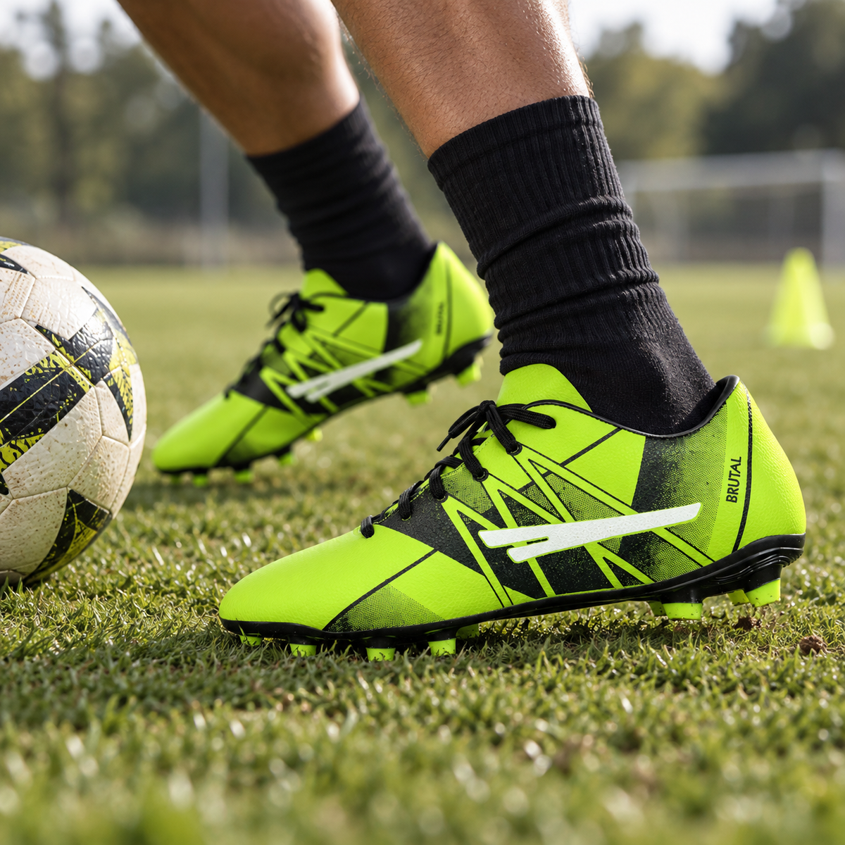 Lime SEGA Brutal football boots worn during a grass-pitch control drill