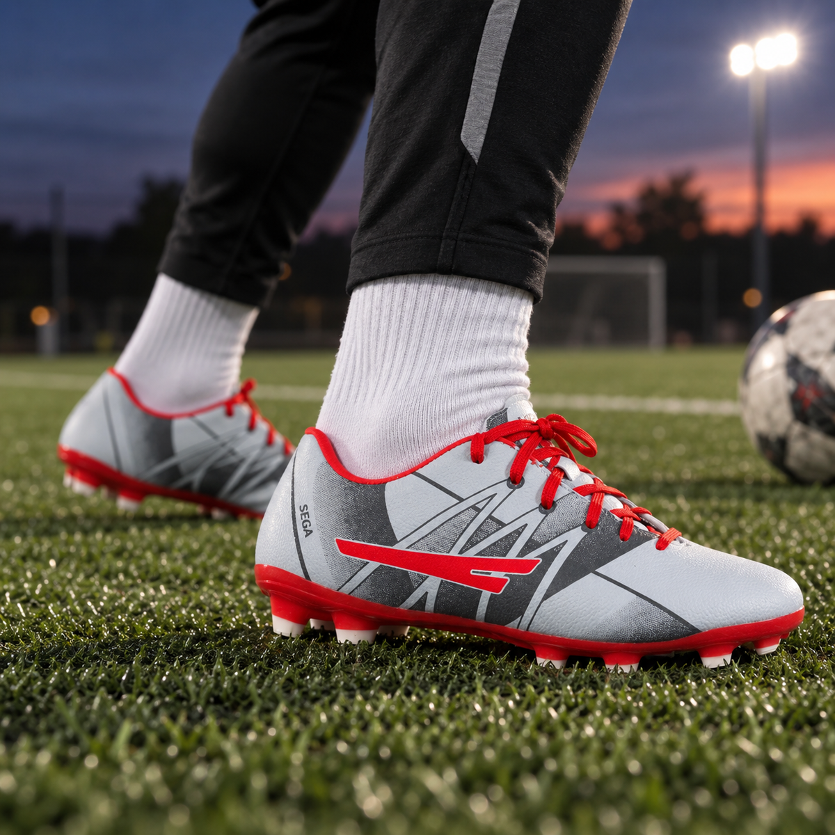 Silver and red SEGA Brutal football boots worn during evening training