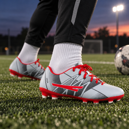 Silver and red SEGA Brutal football boots worn during evening training