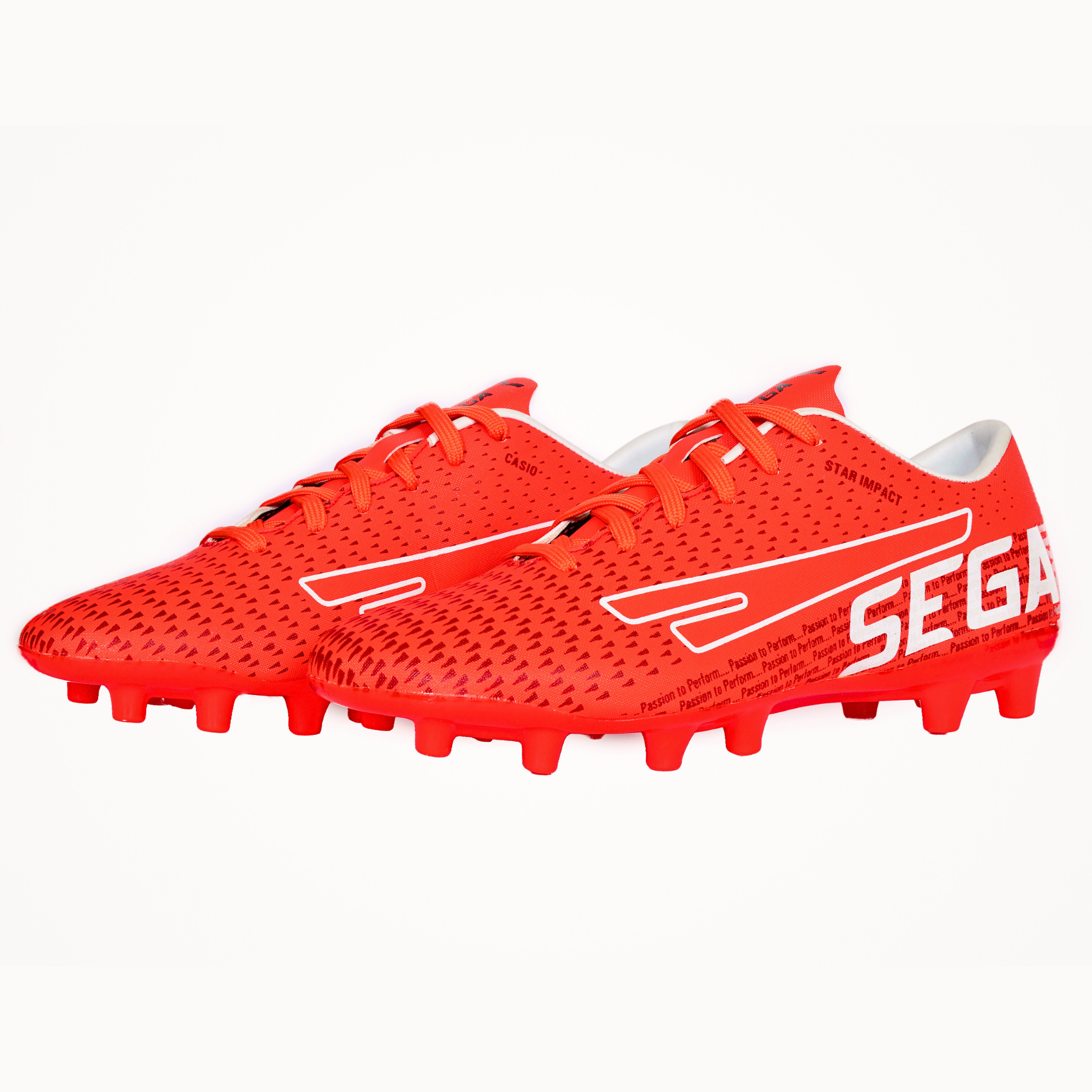 A pair of red SEGA Cas-7 football boots with spikes, designed for outdoor trainers.