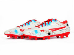 A pair of white SEGA Cas-7 football boots with spikes, designed for outdoor trainers.