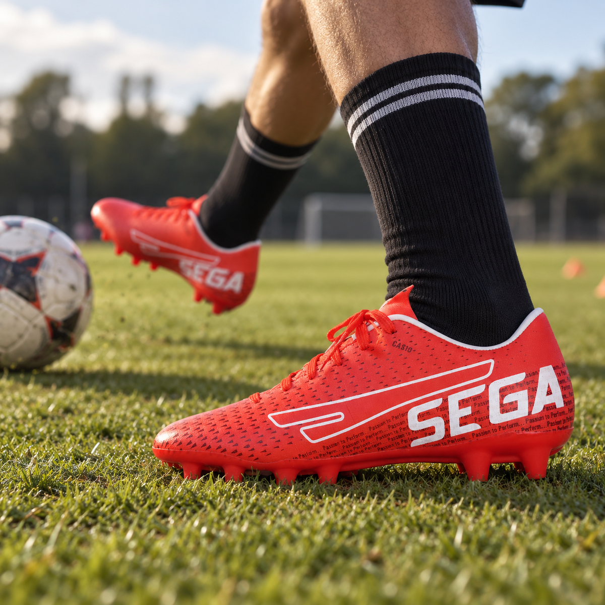 Red SEGA Cas-7 football boots worn during a passing drill