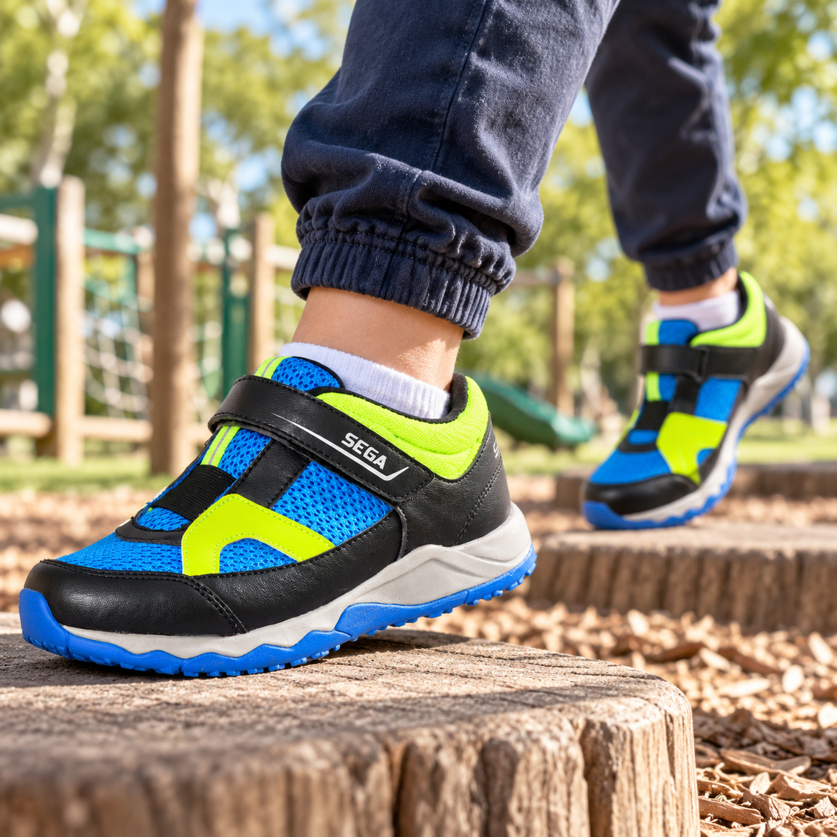 Blue lime and black SEGA Deco kids trainers worn during park play