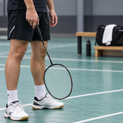 SEGA Duora 70 Heavy badminton racket held between indoor rallies