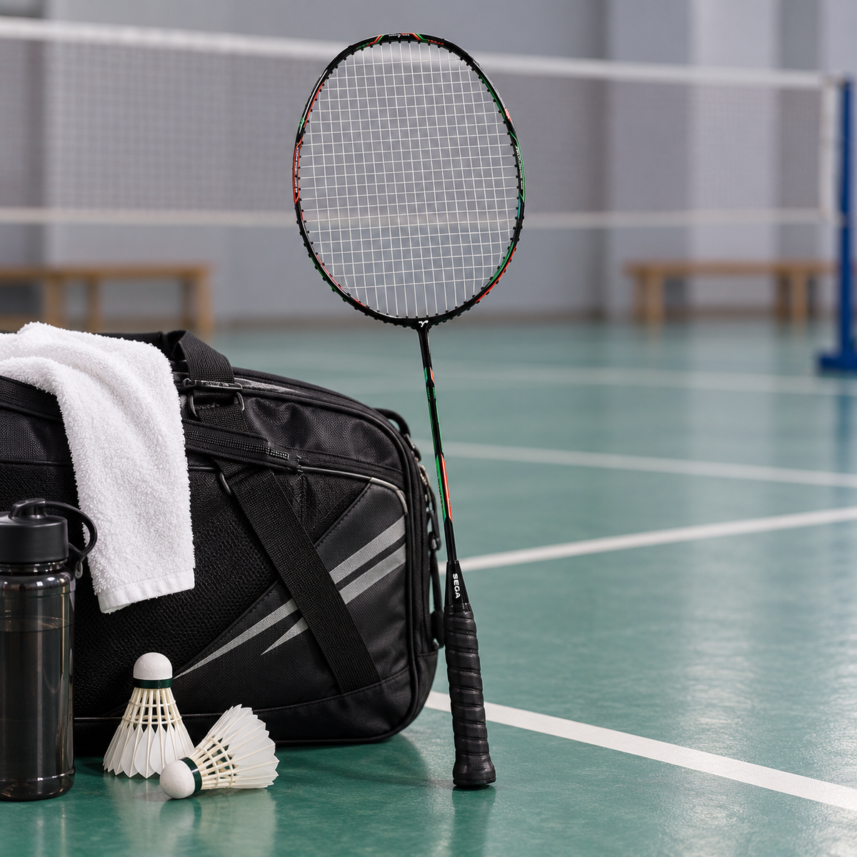 SEGA Duora 70 Heavy badminton racket beside a sports bag and shuttlecocks