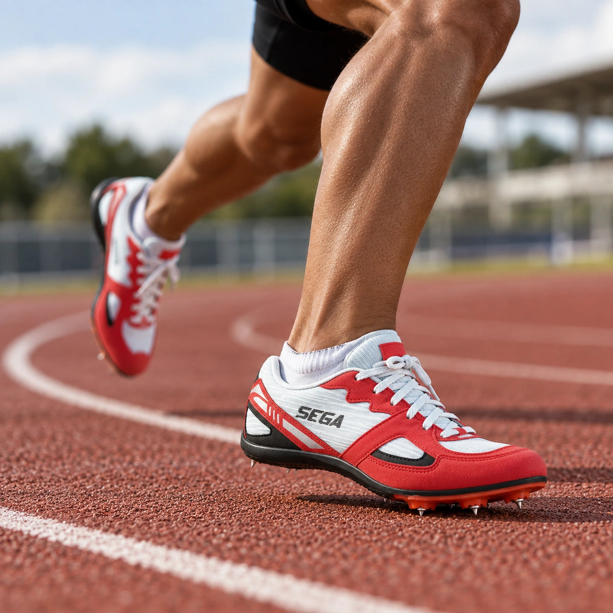 Red and white SEGA Endurance track spikes worn on a track bend