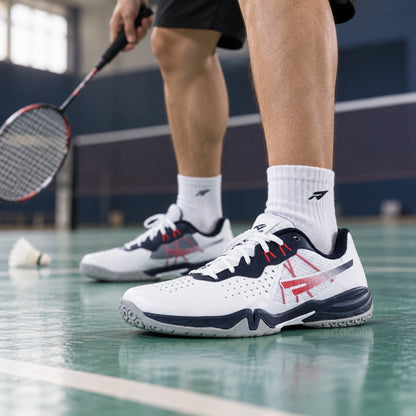 SEGA Freedom 4.0 white, navy and red court shoes worn between badminton rallies