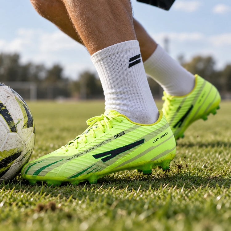 Lime SEGA G-7 dual-tone football boots worn during a grass-pitch control drill