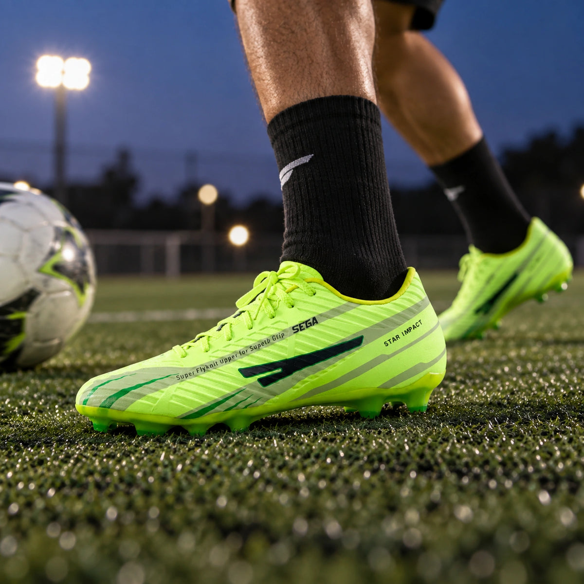 Lime SEGA G-7 dual-tone football boots worn during evening football training