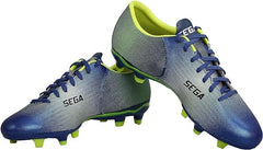 A pair of SEGA Legends Men's Football Boots in blue with yellow accents and a visible SEGA logo on the side.