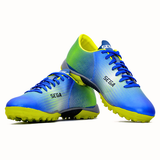 A pair of SEGA Legends Men's Football Boots in blue with yellow accents and a visible SEGA logo on the side.