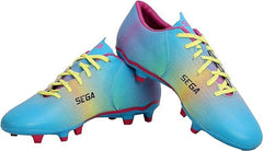 A pair of SEGA Legends Men's Football Boots in blue with yellow accents and a visible SEGA logo on the side.