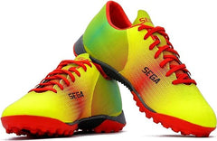 A pair of SEGA Legends Men's Football Boots in yellow with red accents and a visible SEGA logo on the side.