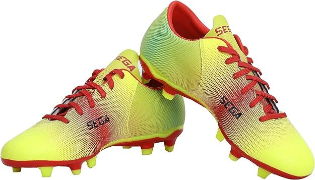 A pair of SEGA Legends Men's Football Boots in yellow with red accents and a visible SEGA logo on the side.