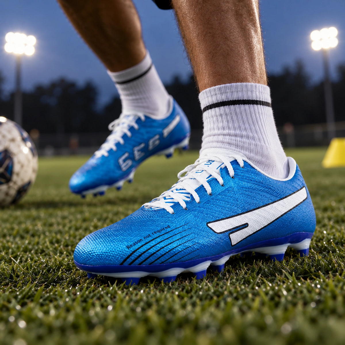 Blue SEGA Lexus football boots worn during evening football training