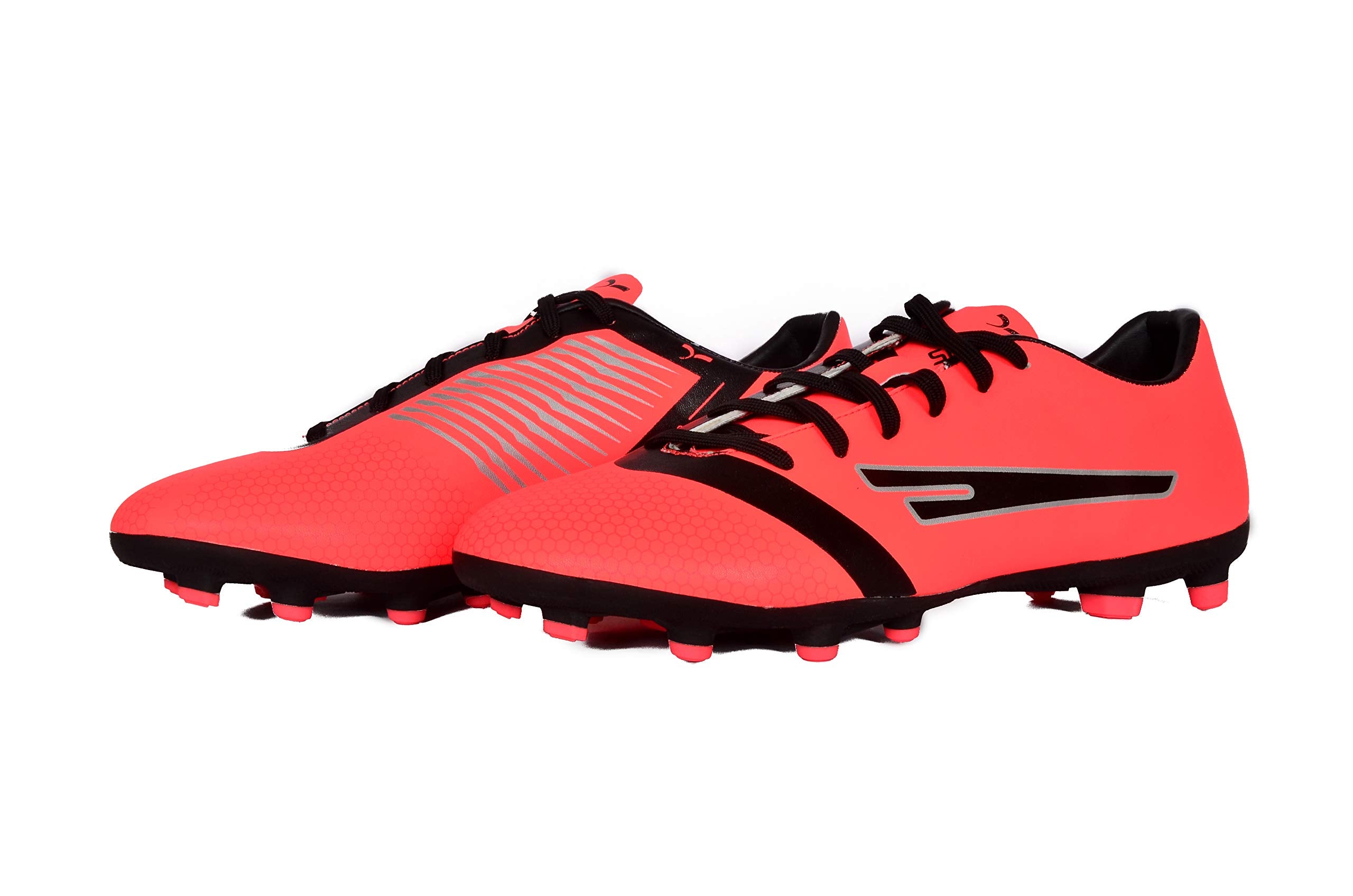 A pair of SEGA PRIME Men's Football Boots with an EVA upper in peach with red and black accents, and a rubber outer sole with moulded studs.